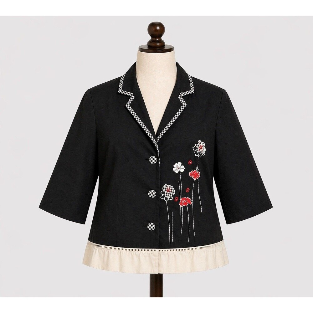 Vintage Russell Kemp Blazer Womens 14 Black Floral Embroidered Gingham Trim